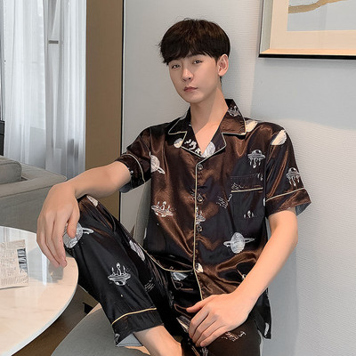 Ανδρικά Σετ Πυτζάμες Φθινοπωρινό Leisure Ελαστική μέση Ανδρικά Πυζά Μεταξωτά Ανδρικά κοντομάνικα νυχτικά με στάμπα Τοπ μακρύ παντελόνι Homewear