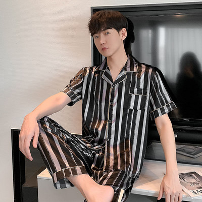 Ανδρικά Σετ Πυτζάμες Φθινοπωρινό Leisure Ελαστική μέση Ανδρικά Πυζά Μεταξωτά Ανδρικά κοντομάνικα νυχτικά με στάμπα Τοπ μακρύ παντελόνι Homewear