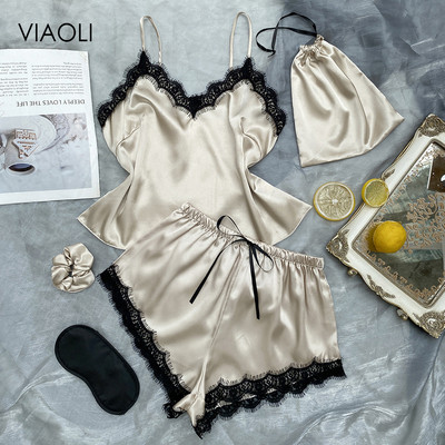 Cămașă de noapte de modă Set de halate din satin Set de pijamale sexy Costum de acasă pentru femei Lenjerie de noapte Topuri + pantaloni scurți Lenjerie de noapte din dantelă