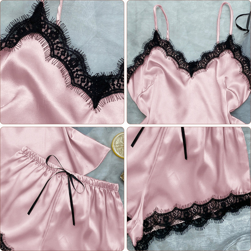 Modna spavaćica Satenski komplet ogrtača Seksi komplet pidžama Žensko kućno odijelo za žene Spavaće majice + kratke hlače Čipkana spavaćica