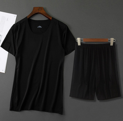 Nyári Pizsama Sleep Ice Férfi ing 2db Nadrág Férfi Hálóruha Pizsama Ruha Pizsama Hálóruha Tömör selyem Alkalmi