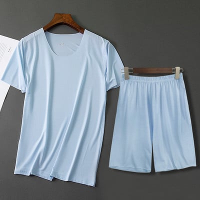 Nyári Pizsama Sleep Ice Férfi ing 2db Nadrág Férfi Hálóruha Pizsama Ruha Pizsama Hálóruha Tömör selyem Alkalmi