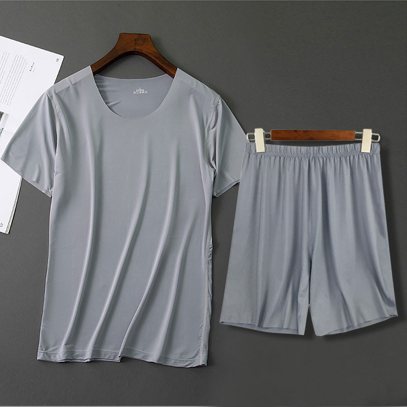 Nyári Pizsama Sleep Ice Férfi ing 2db Nadrág Férfi Hálóruha Pizsama Ruha Pizsama Hálóruha Tömör selyem Alkalmi