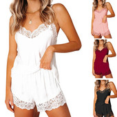 Ženske ljetne satenske pidžame od 2 komada, majice s v-izrezom i kratke hlače širokih nogavica, jednobojno donje rublje s čipkastim ukrasom.