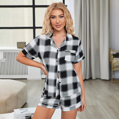Pavasario naujiena 100% viskozė trumpomis rankovėmis Viršutiniai ir šortai Moteriški languotų pižamų komplektas miegui Moteriška pižama Moteriška poilsio apranga Pijama