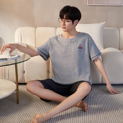 Pizsama szett Férfi pamut rövid ujjú spirálmintás férfi nyári szabadidő laza otthoni ruházat puha férfi hálóruha Pizsama nadrág