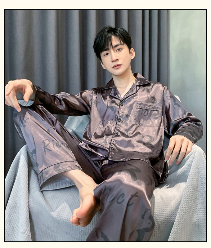 Férfi pizsama szettek selyem szatén pizsama lehúzható galléros hálóruha, hosszú ujjú tavaszi őszi hálóruha Férfi 2 részes szettek otthoni viselet