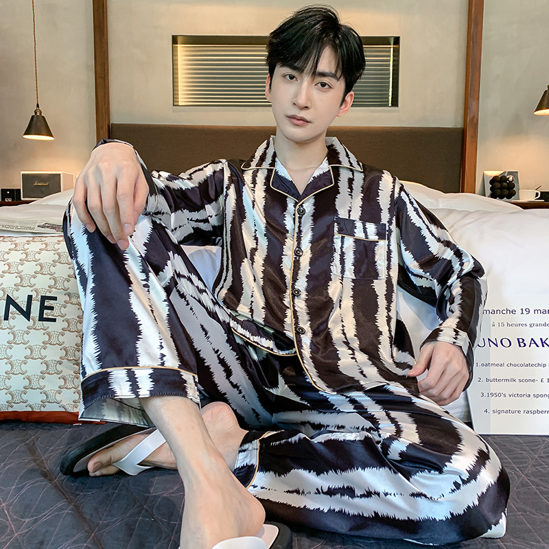 Férfi pizsama szettek selyem szatén pizsama lehúzható galléros hálóruha, hosszú ujjú tavaszi őszi hálóruha Férfi 2 részes szettek otthoni viselet