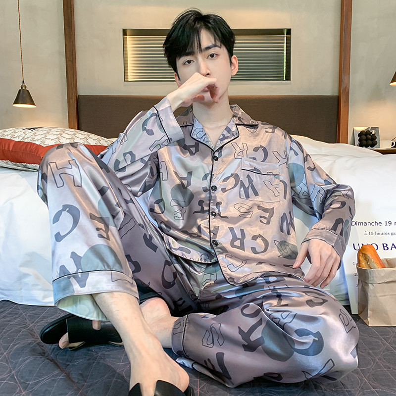 Férfi pizsama szettek selyem szatén pizsama lehúzható galléros hálóruha, hosszú ujjú tavaszi őszi hálóruha Férfi 2 részes szettek otthoni viselet