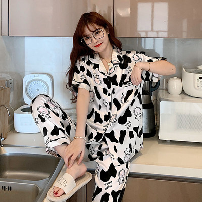 Καλοκαιρινές Πυτζάμες Γυναικείες Σατέν Μεταξωτές Ριγέ Πυτζάμες 2 τεμαχίων Σετ Sleep Tops Παντελόνια Pjs Γυναικεία Νυχτερινά Σαλόνια Κοστούμι για το σπίτι