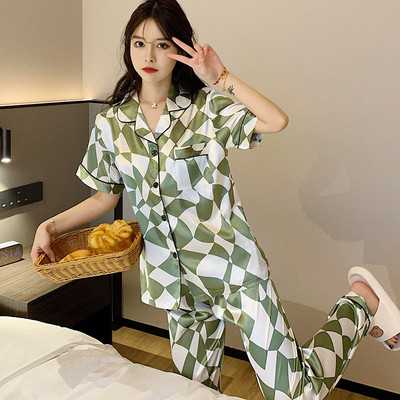 Καλοκαιρινές Πυτζάμες Γυναικείες Σατέν Μεταξωτές Ριγέ Πυτζάμες 2 τεμαχίων Σετ Sleep Tops Παντελόνια Pjs Γυναικεία Νυχτερινά Σαλόνια Κοστούμι για το σπίτι