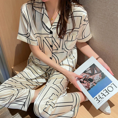 Καλοκαιρινές Πυτζάμες Γυναικείες Σατέν Μεταξωτές Ριγέ Πυτζάμες 2 τεμαχίων Σετ Sleep Tops Παντελόνια Pjs Γυναικεία Νυχτερινά Σαλόνια Κοστούμι για το σπίτι