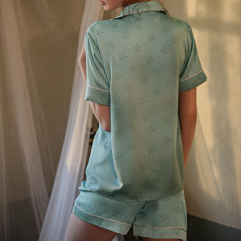 Selyem pizsama szett Női nyári rövid ujjú nadrág Kétrészes szett Otthoni ruhák Női Vékony alkalmi otthoni ruha öltöny Szexi hálóruha