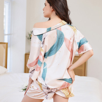 Γυναικεία σετ πιτζάμες 2 τεμαχίων Flower print Pijama Ice Silk Πιτζάμες Γυναικεία πυλιά με κοντομάνικο πουκάμισο Σορτς κοστούμι για το σπίτι