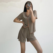 Ženski komplet pidžama Modni print kratkih rukava Odjeća za spavanje Pamuk Kućna odjeća za slobodno vrijeme Noćna odjeća Ljetne salonke Kućna odjeća