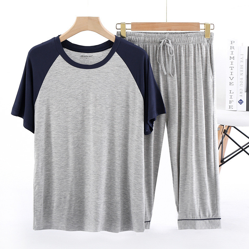 Nyári férfi modális pizsama szett színes, környakú, rövid ujjú, vádliig érő nadrág, nagy méretű, alkalmi férfi otthoni ruha 6XL