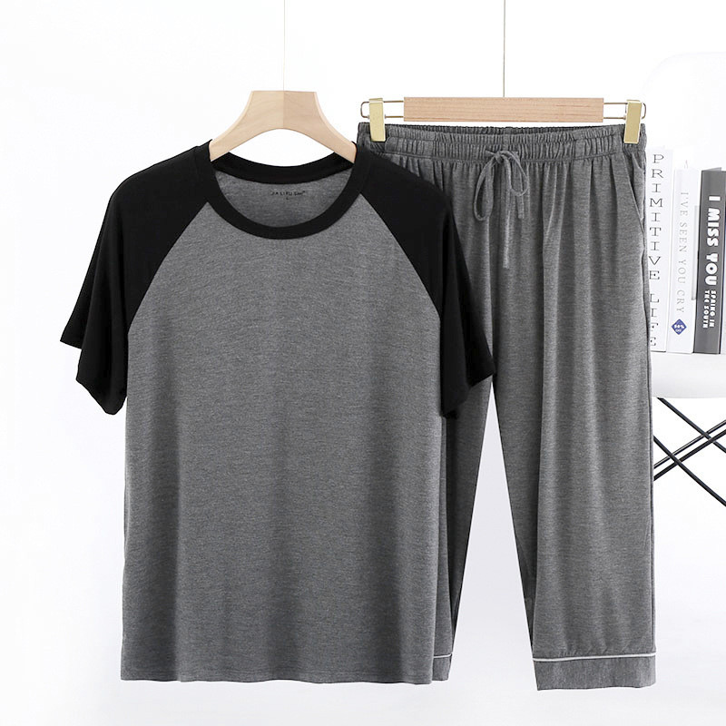 Nyári férfi modális pizsama szett színes, környakú, rövid ujjú, vádliig érő nadrág, nagy méretű, alkalmi férfi otthoni ruha 6XL