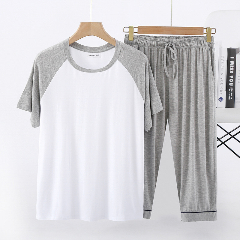 Nyári férfi modális pizsama szett színes, környakú, rövid ujjú, vádliig érő nadrág, nagy méretű, alkalmi férfi otthoni ruha 6XL