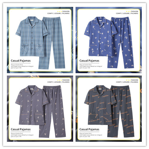 Pavasario vasaros vyrų pižamų rinkinys Medvilniniai miegui tinkantys viršutiniai naktiniai kostiumai, laisvalaikio trumpomis rankovėmis languotas ilgos kelnės vyriški namų drabužiai miegui ir poilsio kambariui
