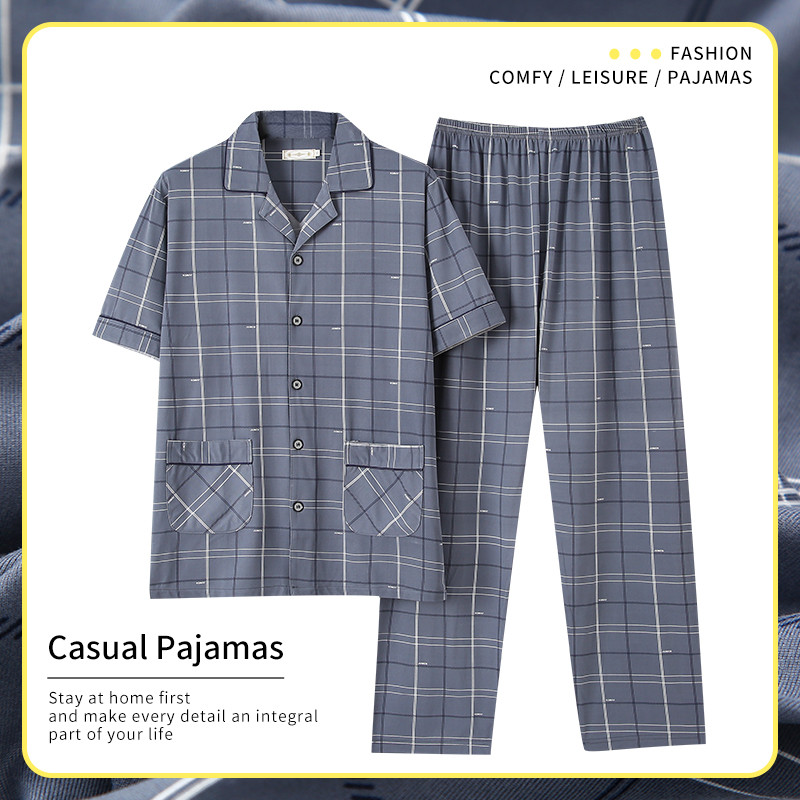 Pavasario vasaros vyrų pižamų rinkinys Medvilniniai miegui tinkantys viršutiniai naktiniai kostiumai, laisvalaikio trumpomis rankovėmis languotas ilgos kelnės vyriški namų drabužiai miegui ir poilsio kambariui