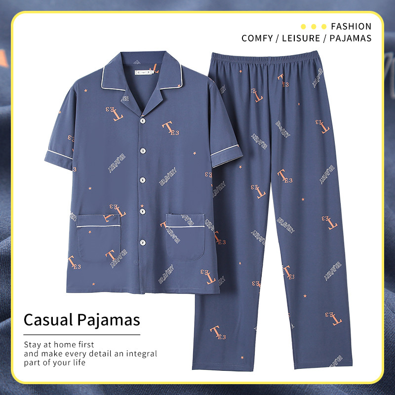 Pavasario vasaros vyrų pižamų rinkinys Medvilniniai miegui tinkantys viršutiniai naktiniai kostiumai, laisvalaikio trumpomis rankovėmis languotas ilgos kelnės vyriški namų drabužiai miegui ir poilsio kambariui