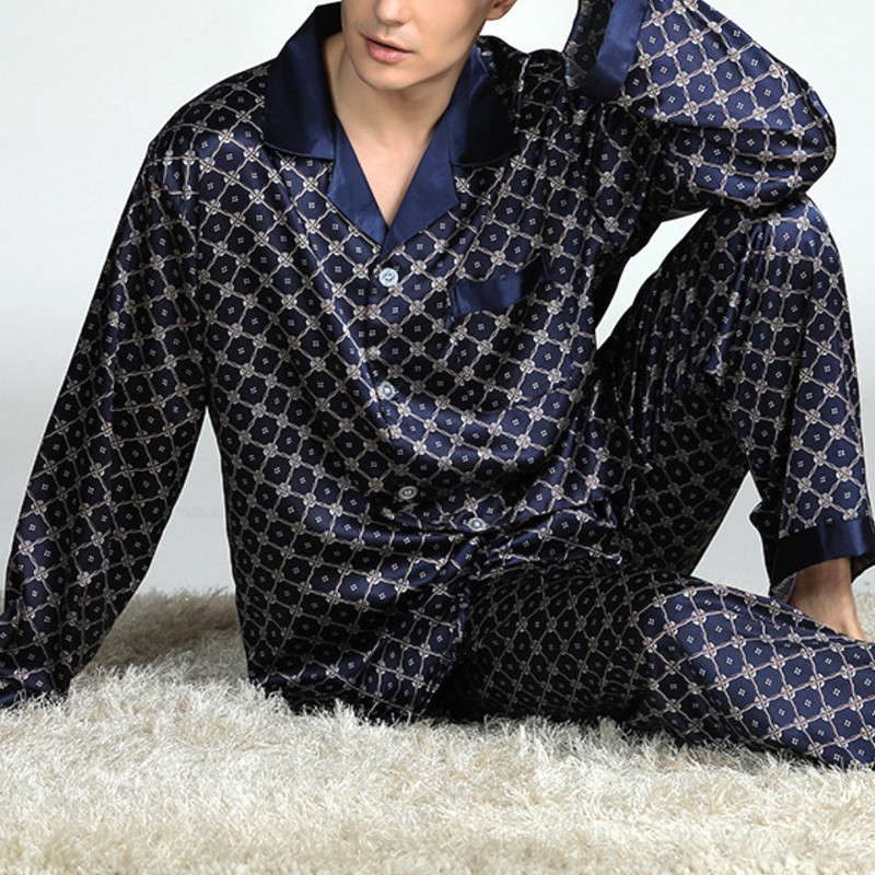 Meeste suvine imitatsioon siidist pidžaamakomplekt Trükisärk Pikad püksid Magamisriided Öörõivad