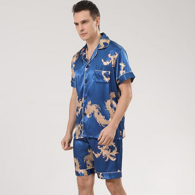 Férfi pizsama öltöny mintás sárkány hálóruha szatén 2 DB PJS szett hajtóka ing és rövidnadrág nappali viselet nyári gombos hálóruha fehérnemű