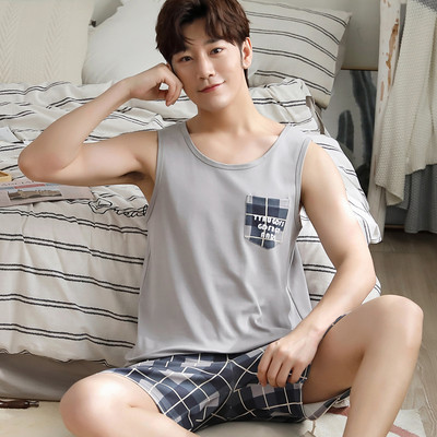 Legújabb férfi mellény pizsama szett kötött pamut férfi hálóruha ujjatlan pizsama bő 3XL férfi ruházat