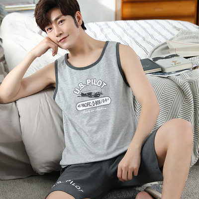 Legújabb férfi mellény pizsama szett kötött pamut férfi hálóruha ujjatlan pizsama bő 3XL férfi ruházat