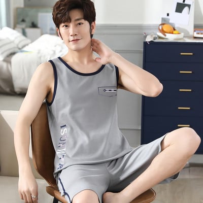 Legújabb férfi mellény pizsama szett kötött pamut férfi hálóruha ujjatlan pizsama bő 3XL férfi ruházat