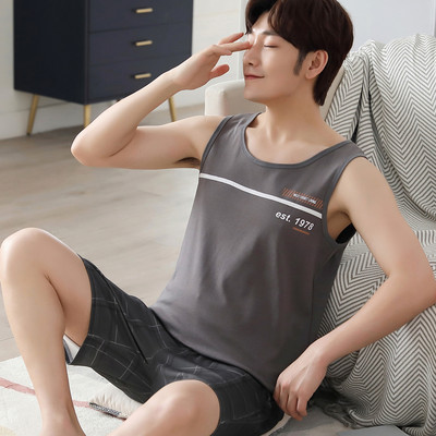 Legújabb férfi mellény pizsama szett kötött pamut férfi hálóruha ujjatlan pizsama bő 3XL férfi ruházat