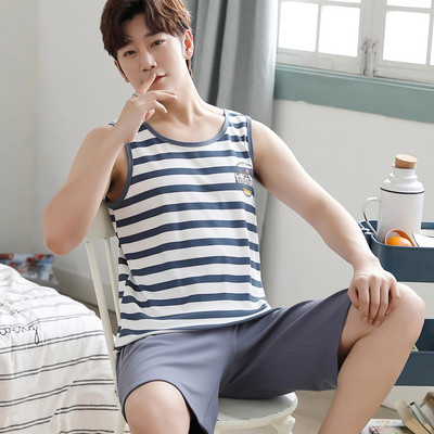 Legújabb férfi mellény pizsama szett kötött pamut férfi hálóruha ujjatlan pizsama bő 3XL férfi ruházat