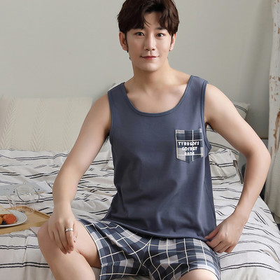 Legújabb férfi mellény pizsama szett kötött pamut férfi hálóruha ujjatlan pizsama bő 3XL férfi ruházat