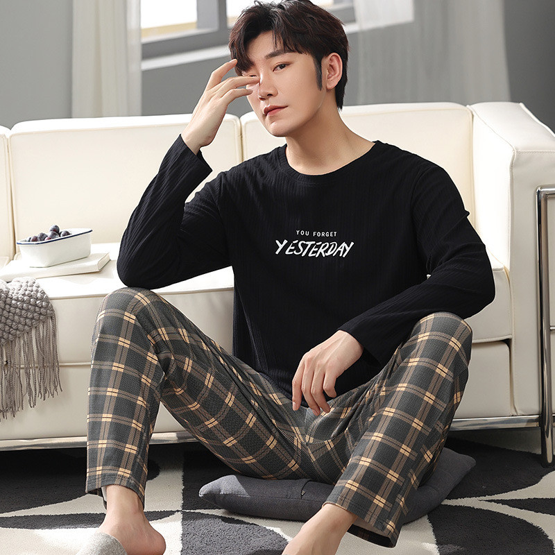Νέες ανοιξιάτικες και φθινοπωρινές ανδρικές πιτζάμες δύο τεμαχίων πλεκτές βαμβακερές casual φαρδιά ρούχα για αγόρια στο σπίτι μόδα ανδρικά ρούχα