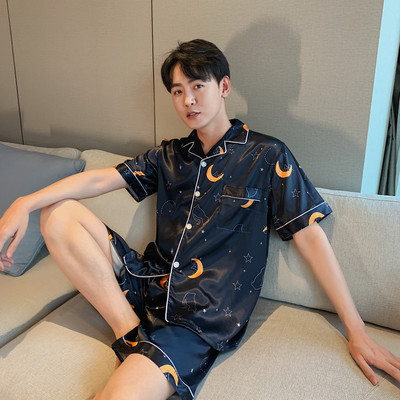 Meeste puhkeriided revääritrükiga Satiin PJ komplekt Pidžaama komplekt Home Magamisriided kaheosaline komplekt Naiste puhkeriided suures suuruses 2022 Uus