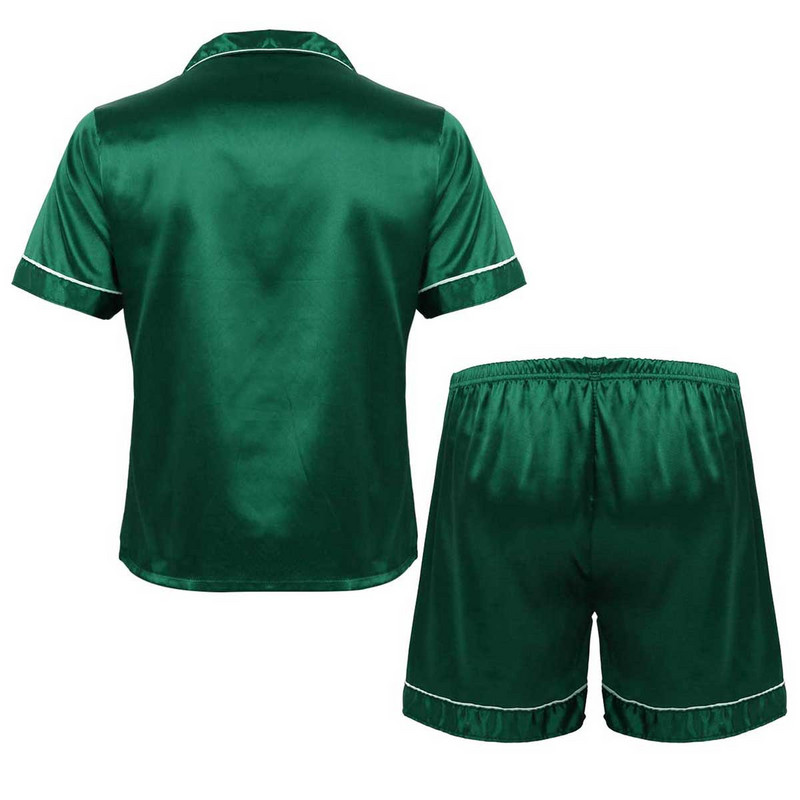 Férfi hálóruha selymes szatén pizsama szett nappaliruha Notch gallér, rövid ujjú gombos ing felső, boxer rövidnadrág hálóruha