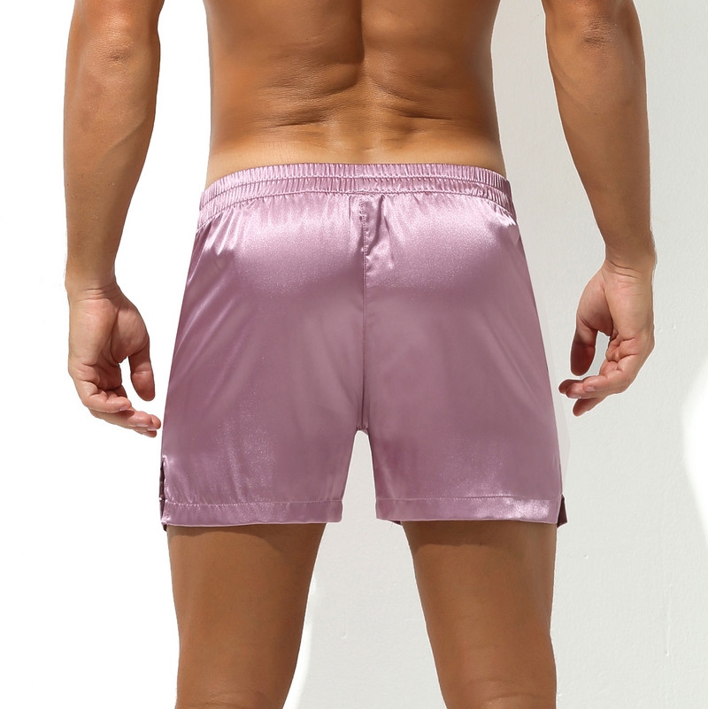 #S-XL Pánske elastické pásové saténové nohavičky na spanie, šortky, jednofarebná spodná bielizeň, mäkké boxerky, domáce oblečenie, nočné prádlo