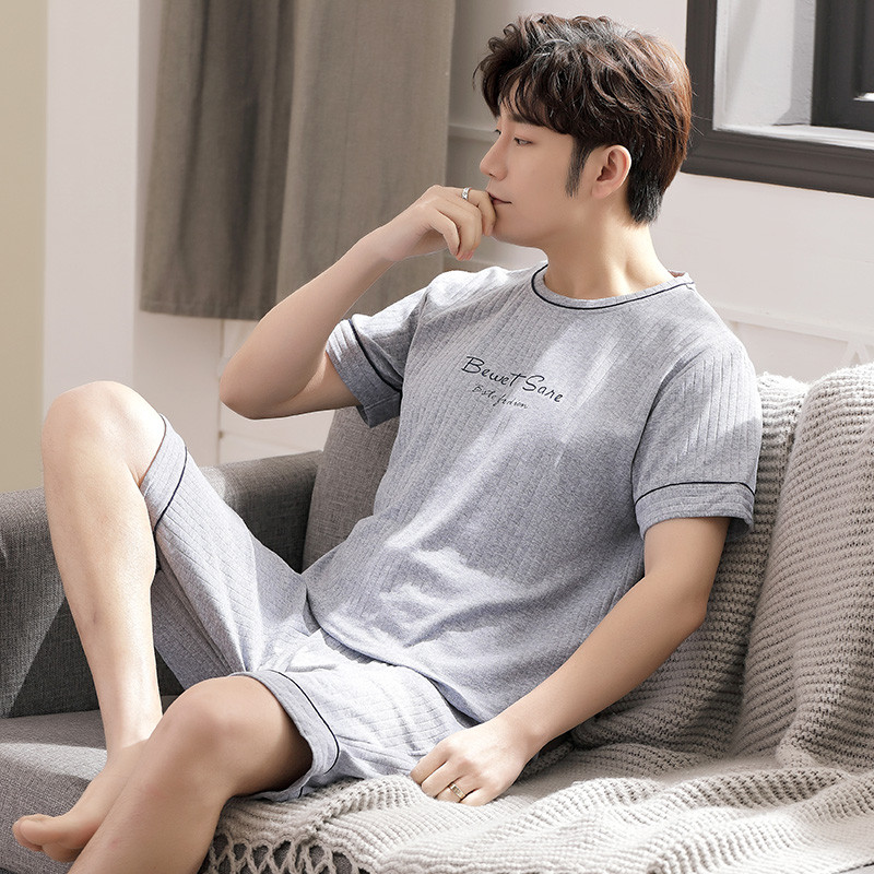 O-kaelusega pidžaamakomplekt meestele Suvised lühikesed püksid Kaheosalised magamisriided Lühikesed varrukad Big Yards 3xl 4xl Salongiriided Täispuuvillane ööpesu