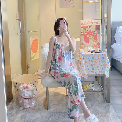 Női virágos pizsama Cami felső nadrágkosztümvel, ujjatlan pizsama szett Elegáns hálóruha Női pizsama, kétrészes otthoni ruha