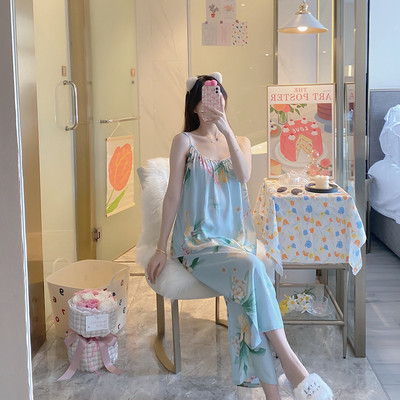 Női virágos pizsama Cami felső nadrágkosztümvel, ujjatlan pizsama szett Elegáns hálóruha Női pizsama, kétrészes otthoni ruha