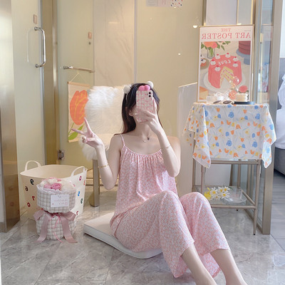 Női virágos pizsama Cami felső nadrágkosztümvel, ujjatlan pizsama szett Elegáns hálóruha Női pizsama, kétrészes otthoni ruha