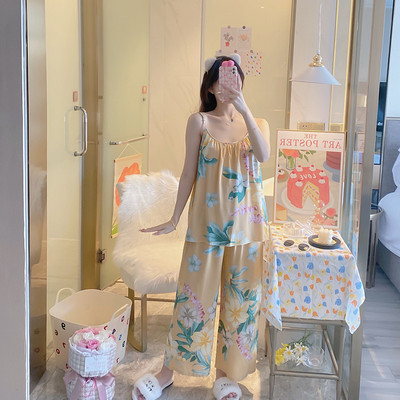 Női virágos pizsama Cami felső nadrágkosztümvel, ujjatlan pizsama szett Elegáns hálóruha Női pizsama, kétrészes otthoni ruha