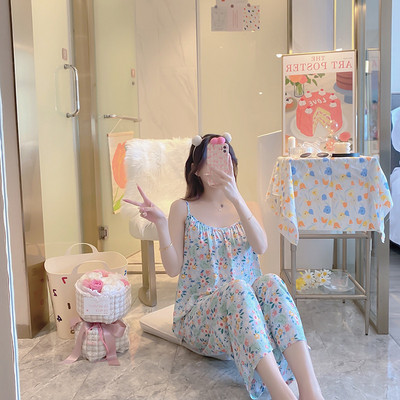 Női virágos pizsama Cami felső nadrágkosztümvel, ujjatlan pizsama szett Elegáns hálóruha Női pizsama, kétrészes otthoni ruha