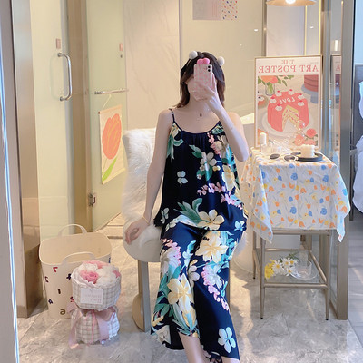 Női virágos pizsama Cami felső nadrágkosztümvel, ujjatlan pizsama szett Elegáns hálóruha Női pizsama, kétrészes otthoni ruha