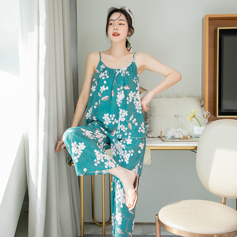 Női virágos pizsama Cami felső nadrágkosztümvel, ujjatlan pizsama szett Elegáns hálóruha Női pizsama, kétrészes otthoni ruha