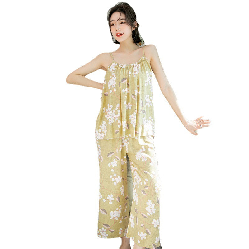 Női virágos pizsama Cami felső nadrágkosztümvel, ujjatlan pizsama szett Elegáns hálóruha Női pizsama, kétrészes otthoni ruha
