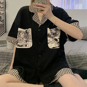 Harajuku pizsama szett Női Nyári V nyakú 2 részes Hálóruha Koreai Ins alkalmi laza otthoni ruhák Anime lányok nyomott hálóing