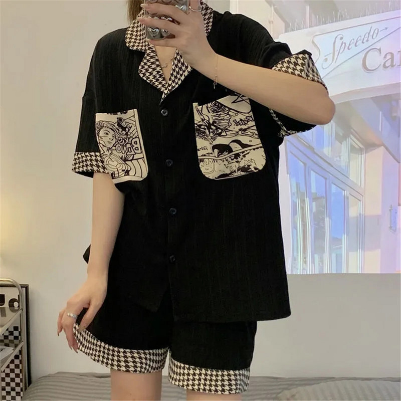 Harajuku pizsama szett Női Nyári V nyakú 2 részes Hálóruha Koreai Ins alkalmi laza otthoni ruhák Anime lányok nyomott hálóing