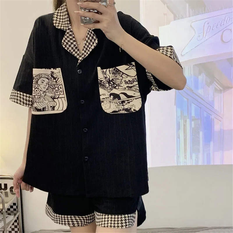 Harajuku pizsama szett Női Nyári V nyakú 2 részes Hálóruha Koreai Ins alkalmi laza otthoni ruhák Anime lányok nyomott hálóing