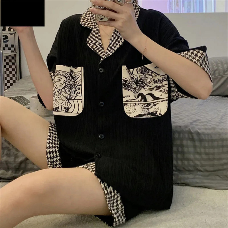 Harajuku pizsama szett Női Nyári V nyakú 2 részes Hálóruha Koreai Ins alkalmi laza otthoni ruhák Anime lányok nyomott hálóing